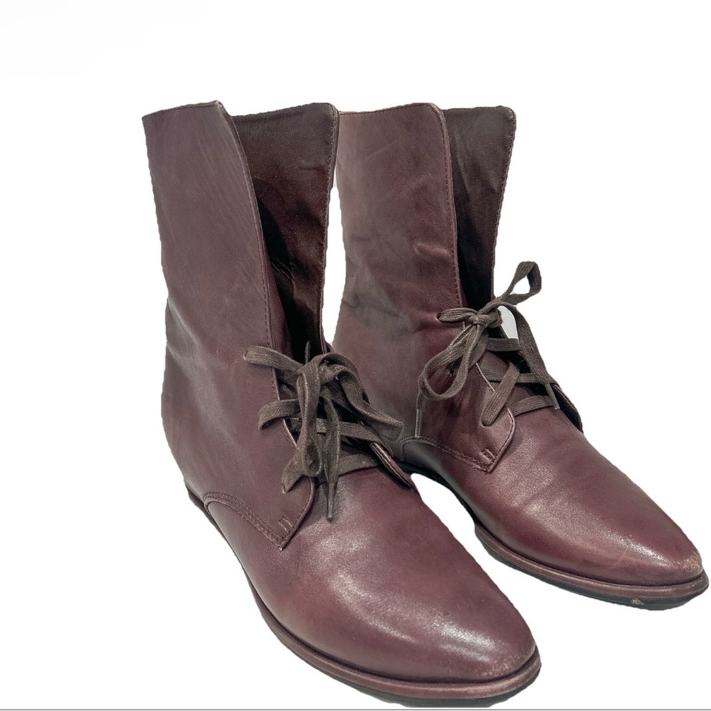 Soft Surroundings Mid Calf Lace Up Leather Boots Wedge Heel Mahogany Brown 8.5